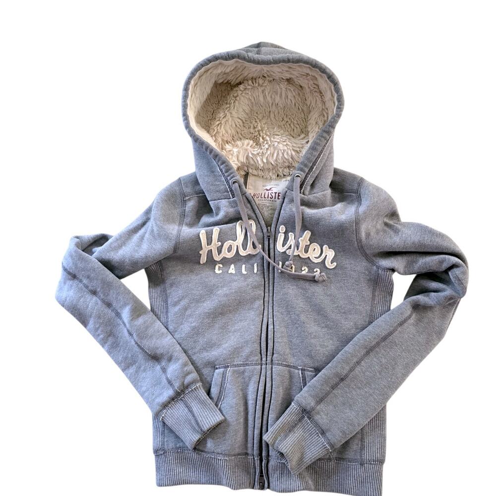 Vintage Y2K Hollister Cali 1922 gray Sweater White Fur Full Zip Hoodie SZ M